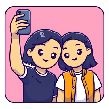 Two best friends taking a selfie together with Instagram frame, holding a phone, Instagram worthy sticker
