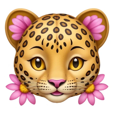 A cutE leopard face with EYES CLOSED and a peaceful smile. A pink flower with a yellow center is tucked behind its right ear sticker