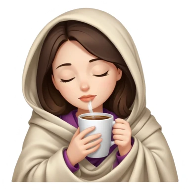 girl inside a blanket sipping coffee eyes closed, brunette with fair skin sticker