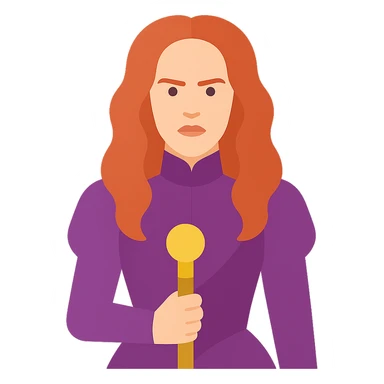 Wilhemina Venable (Sarah Paulson) in royal purple Victorian style, beautiful and luminous but terrifying, holding a gold cane sticker