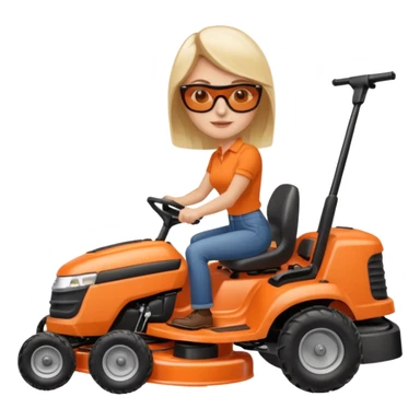 White woman on orange ride on lawn mower cutting lawn sticker