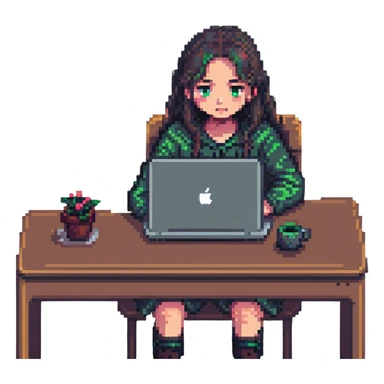 girl sitting at a desk with a MacBook, face partially hidden, cozy workspace, pixel art style sticker