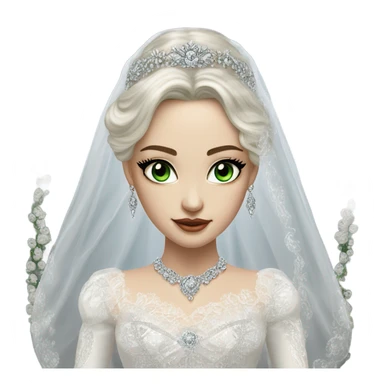 Hyper Realistic ornate ballgown long sleeve Wedding dress with diamanté on Russian bride with pale skin and green eyes and long black hair with veil and diamond jewelry hyper realistic  sticker
