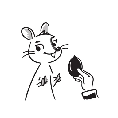 Hand-drawn squirrel with dripping drool, hungry expression, eyeing food sticker