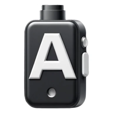 Pixel-art icon, letter [А], designed as mini vape pod. Square canvas, same style as other letters. Black/metallic, flat vector, white outline. sticker