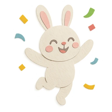 cotton bunny throwing confetti and spinning, full body, clean and polished, no imperfections, paper-craft style sticker