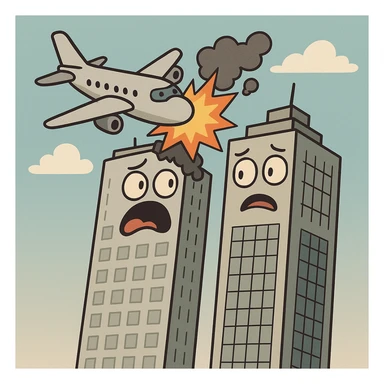 cartoon style of two skyscrapers with an airplane colliding with the left building sticker