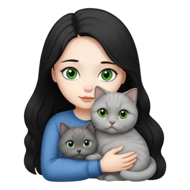 Black long hair, white skin, black eyes, pretty girl is hugging a gray Scottish fold green-eyed cat white blue-eyed cat

 sticker