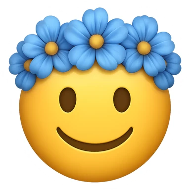 yellow face with blue flower crown emoji, digital illustration, remove background sticker