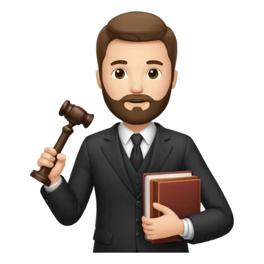 Create a male lawyer. he is wearing a fromal suit jckeret. He is holding a gavel in one hand and a book tucked under his another arm. He has beard  sticker