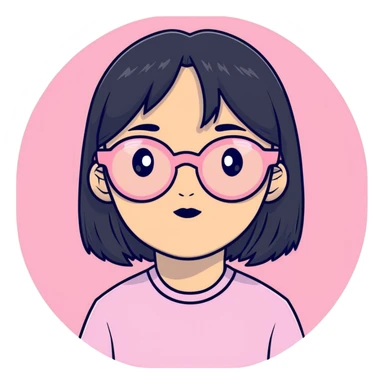 Asian ,girl, black straight hair long,pink round glasses sticker