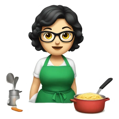 chubby lady with black hair green apron  with glasses cooking  sticker