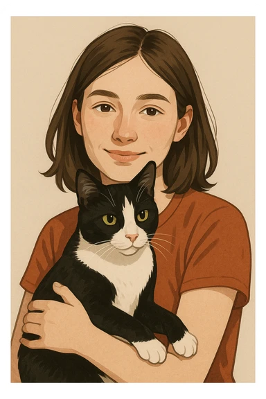 portrait of a white-skinned girl with brown hair holding a black and white cat, natural and warm expression, detailed face, affectionate look of the cat, simple background, modern illustration style sticker