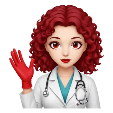Lilith scalpel in hand, evil surgeon outfit.  She has red eyes. She has dark brown long curly hair. Wears sexy doctor outfit with red gloves sticker