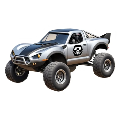 Satan’s and Vader (post race) Chardonnay Dirty and dented Local Motors Rally Fighter off road race car hot rod trophy truck-style basher flying on a dusty road (silver wheels) sticker