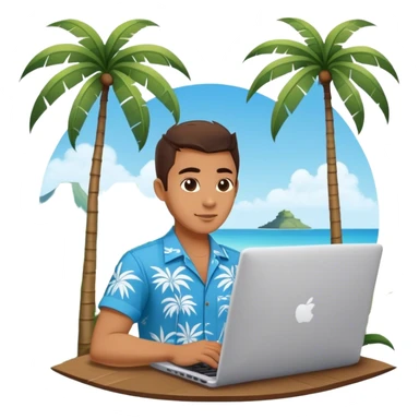 A digital nomad in bali working on a laptop wearing a tropical blue shirt with a palm tree on the side sticker