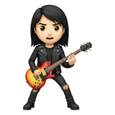 3D Apple-style emoji of a metal musician. Long hair, black leather jacket, ripped jeans, holding an electric guitar. Intense expression, glossy, rounded, smooth, soft shadows, white background.










 sticker