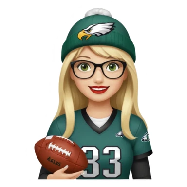 full length women wearing eagles uniform, long blonde hair, styled bangs, green eyes, black rectangle glasses, holding football, number 33, smiling, lipstick, eagles beanie sticker