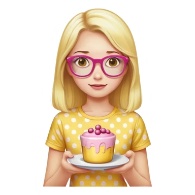 a girl with long lashes, long blonde hair, pink glasses, wearing a yellow polka dot t-shirt, holding a pudding sticker