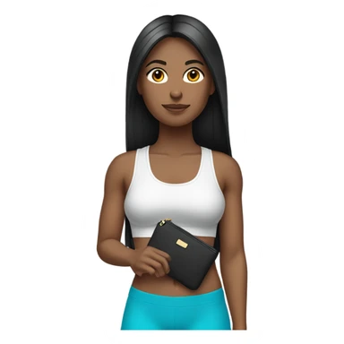 a white color woman with black long straight hair wearing a workout set and carrying  a designer purse on her hand  sticker