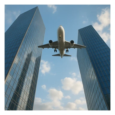 two skyscrapers and a plane that flyes to them, realism style, daytime sticker