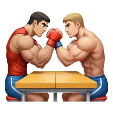 Two powerful arms locked in an intense arm wrestling competition. One arm is strong and steady, while the other strains to push back. The background shows a simple table with a focus on the clash of strength and determination. Transparent background. sticker