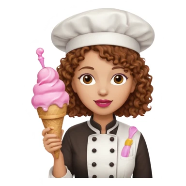 woman brown curly hair, chef, eating pink ice cream sticker