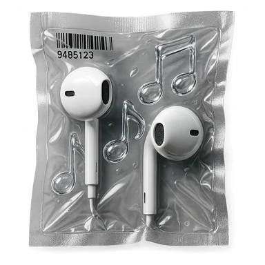 pair of white EarPods with three floating glass music notes in transparent crystal style, shiny and puffy sticker