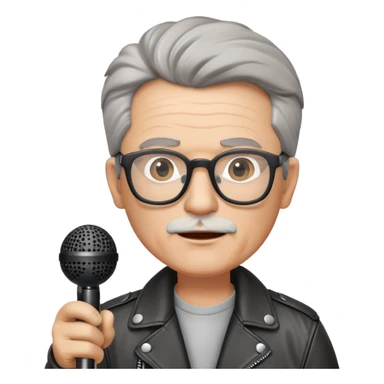 58 year old man with salt and pepper hair, glasses, leather jacket, and microphone  sticker