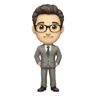 Full height Pale skinned Fit Man With dark brown hair in classic gray suit, beige office shirt, dark gray tie, and vintage glasses. His hands lock sticker