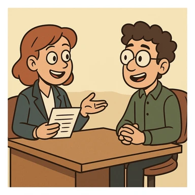 cartoon style illustration of a job interview, two people sitting across a desk, one asking questions, the other answering, friendly atmosphere sticker