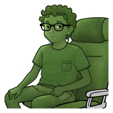 Boy kind of curly hair with black glasses sitting crossed legged in the middle seat on a airplane  sticker