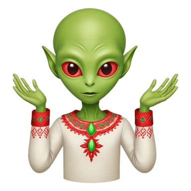Green alien in Shirt 👚 vyshyvanka, white with red embodiary on sleeved sticker