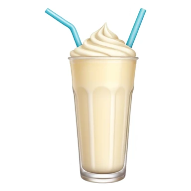 A 3D cartoon tall glass of vanilla milkshake with a straw, smooth creamy texture, light froth on top, subtle reflections, soft warm light, Memoji-style. sticker
