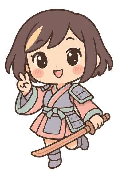 chibi style kawaii samurai girl with short hair and one streak of blonde in her hair, playful pose, kimono with armor accents, blushing cheeks sticker