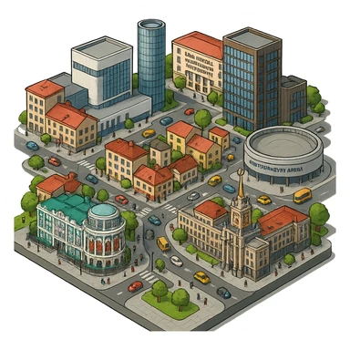 Изометричная миниатюрная фотореалистичная 3D модель Екатеринбурга - Дом Севастьянова, Ельцин-центр, Уральский федеральный университет, дома, Екатеринбург Арена, Штаб-квартира Русской медной компании, Здание Свердловского городского совета народных депутатов, четкие линии, яркие цвета, мультяшный реализм, люди, автотранспорт, компактная композиция, вид сверху в изометрии, прозрачный фон sticker