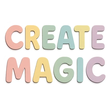 Remove the smiley face and show only the words 'Create Magic' in soft pastel rainbow chubby rounded letters, cute kawaii style, no frame, transparent background, paper craft style. sticker