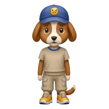 a dog with cap and t-shirt and pants and shoes sticker