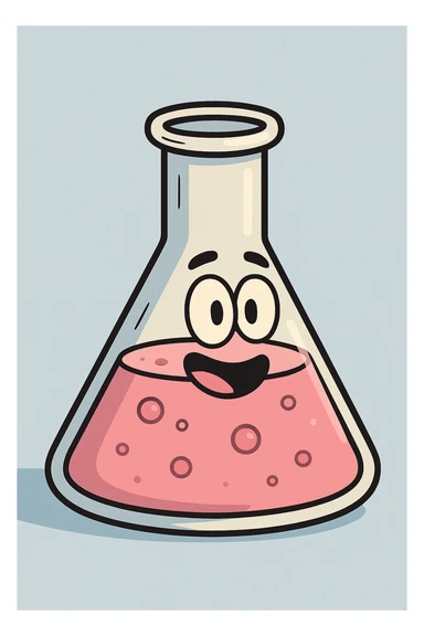 science conical flask with pink liquid, cartoon style, playful sticker