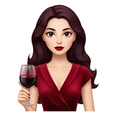 Confident woman with luminous skin, elongated face, defined features, dark almond eyes with dramatic eyeliner, thick eyebrows, straight elegant nose, full bright red lips, voluminous dark hair with soft waves, wine red velvet V-neck dress sticker