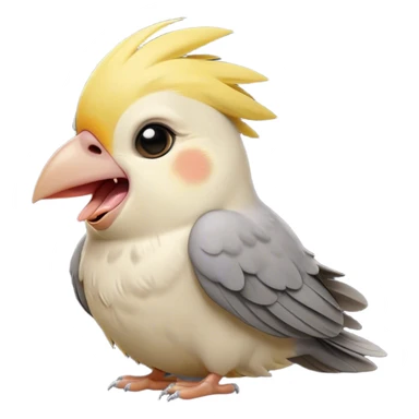 Cinematic Cute Yawning Cockatiel Portrait Emoji, Head tilted slightly with a dramatic, wide-open yawn, showcasing a soft grey fur with subtle yellow accents and gently drooping crest feathers, round dark eyes barely open in drowsy contentment, Simplified yet irresistibly adorable features, highly detailed, glowing with a soft, cozy glow, high shine, relaxed yet expressive, stylized with a touch of whimsy, bright and endearing, soft glowing outline, capturing the essence of a sleepy yet affectionate cockatiel, so drowsy it feels like it could stretch out of the screen and curl up for a nap! sticker