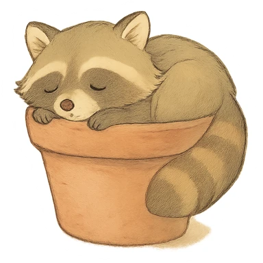 sleepy raccoon inside a flower pot, pastel earthy colors, soft Ghibli style sticker