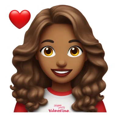 brown lady smiling, medium brown long wavy hair, bright red lips, eyelashes, wearing red “happy Valentine’s Day” t shirt sticker