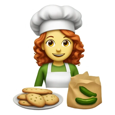 A redheaded girl dressed as a pickle baking cookies sticker
