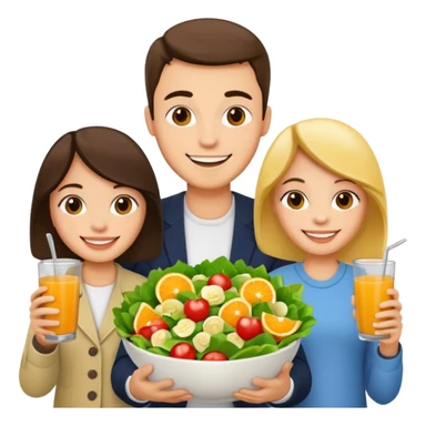 family holding salad and orange juice sticker