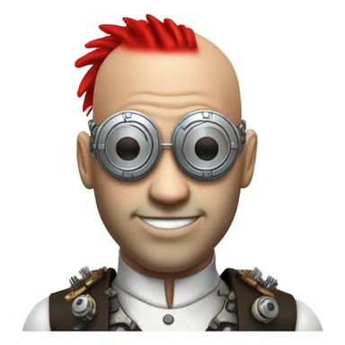 Bald cyborg head with red Mohawk, red beard. silver steampunk monocle goggles a smile and circuits sticker