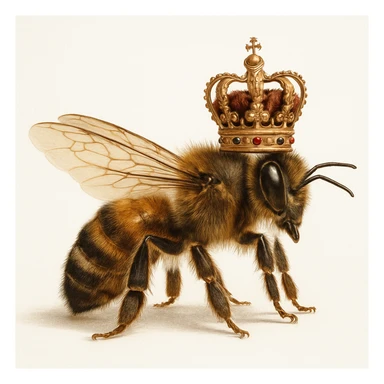 realistic illustration of a king bee, side view, ornate crown, lifelike details, soft shadows, white background sticker