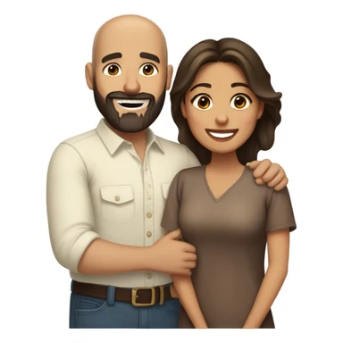 Brown-haired Puerto Rican woman with dark brown eyes wearing a cute blouse giving comforting hug to short, bald man with brown eyes, laugh lines, and a beard sticker