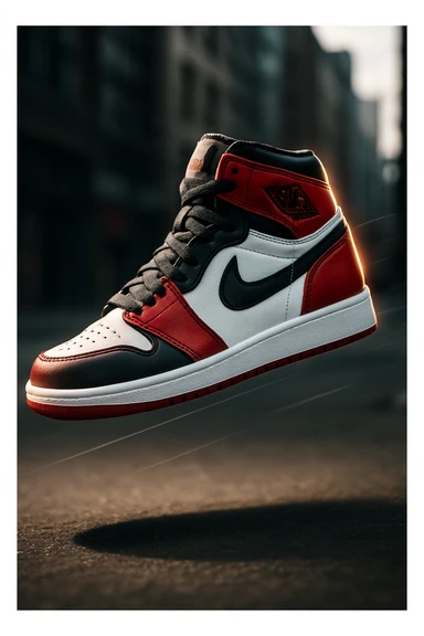 “A high-resolution image of an iconic Air Jordan sneaker floating in mid-air with dramatic lighting, shadow underneath, glowing edge highlights, bold red, black, and white color scheme, urban street background blurred, sharp focus on the shoe, cinematic depth of field, dynamic angle with motion lines, premium sneaker ad style.” sticker