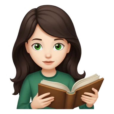 Long wavy dark brown haired, white skinned, dark green eyed girl reading a book sticker